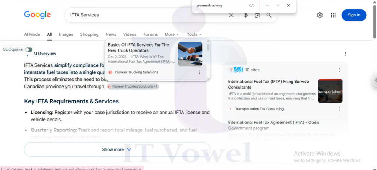 AI ranking portfolio for Pioneer Trucking Solutions IFTA services